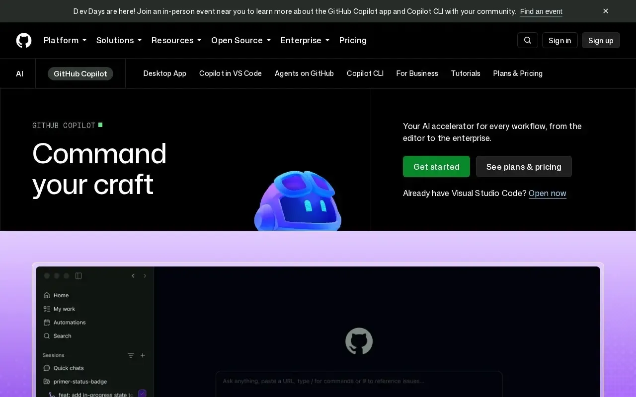 Screenshot of the GitHub Copilot website