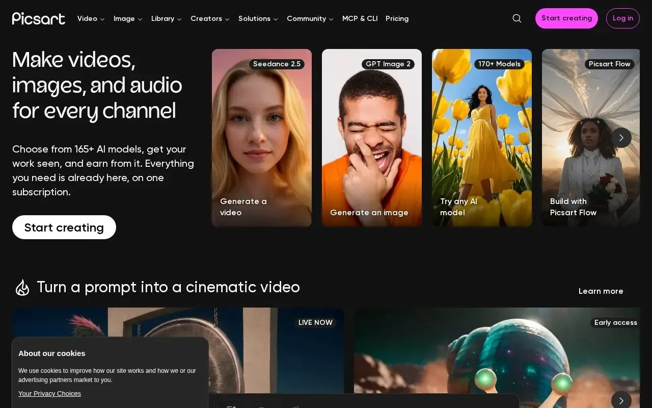 Screenshot of the Picsart website