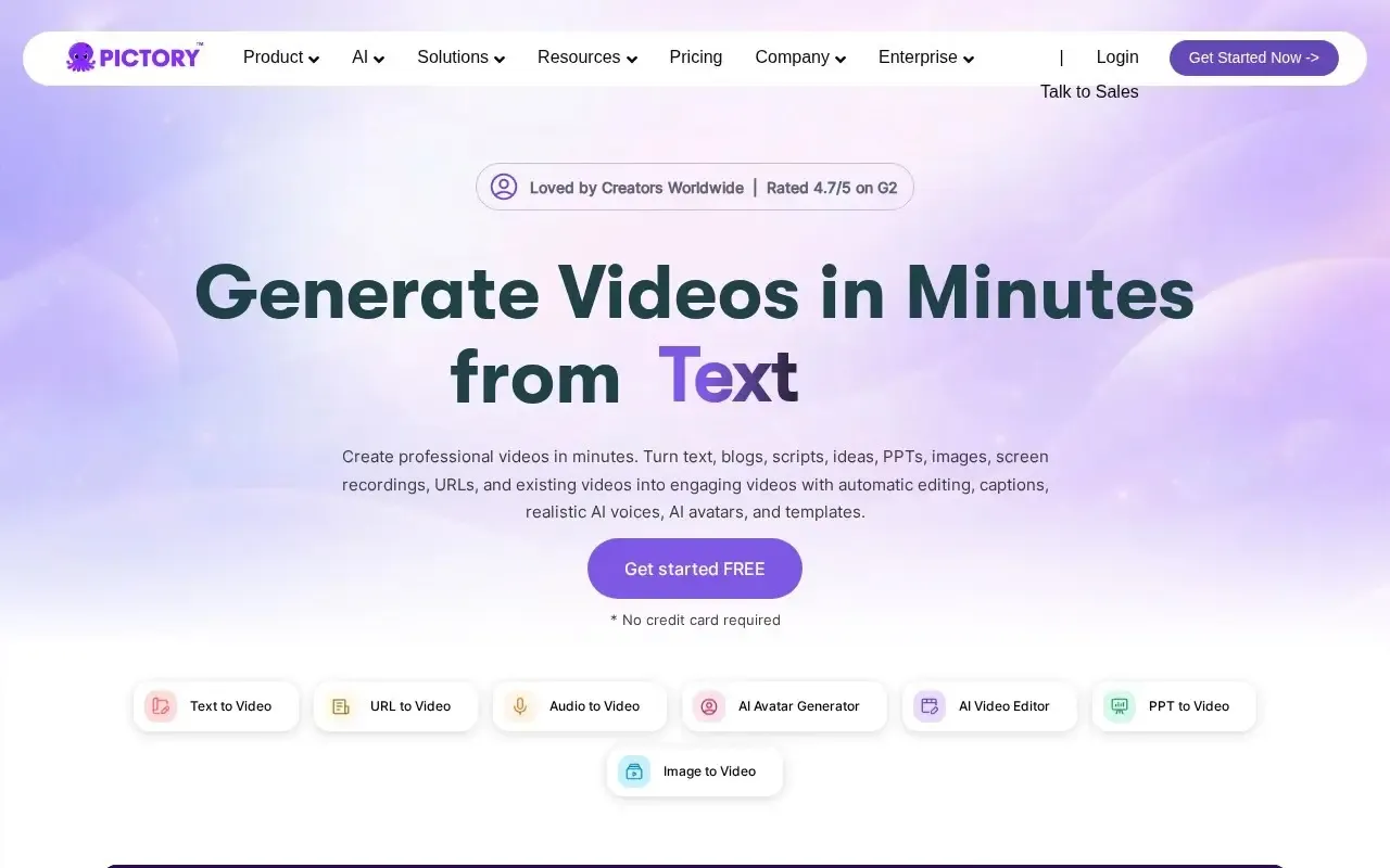 Screenshot of the Pictory website