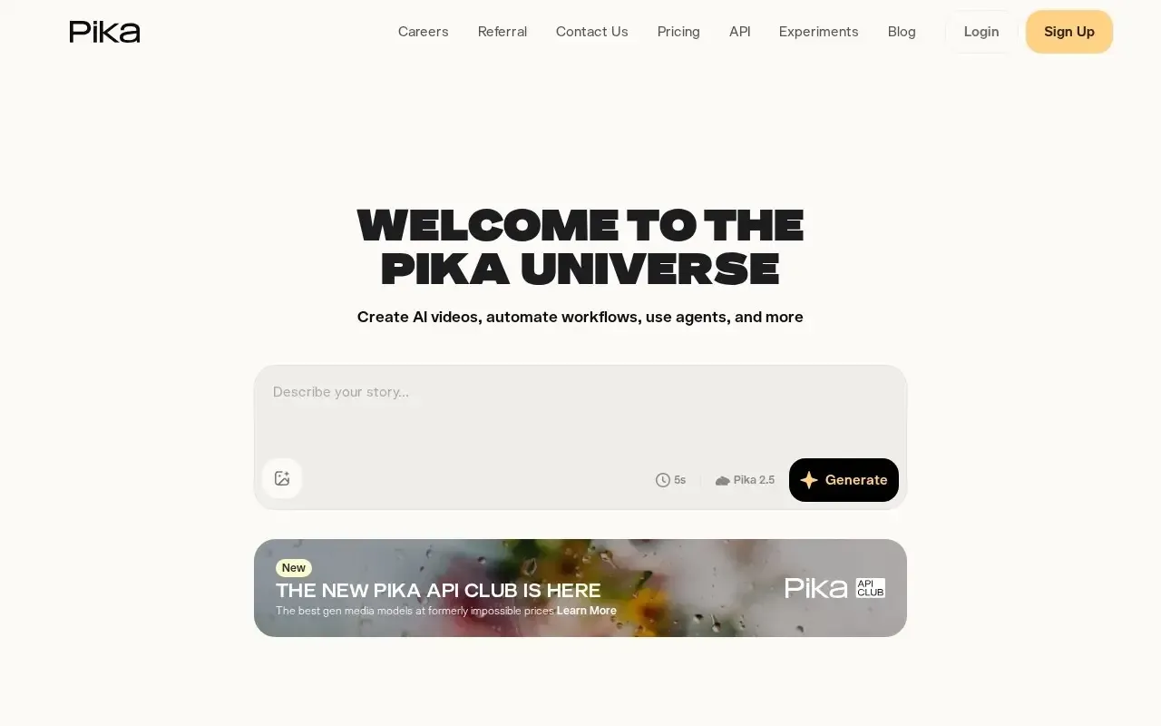 Screenshot of the Pika website