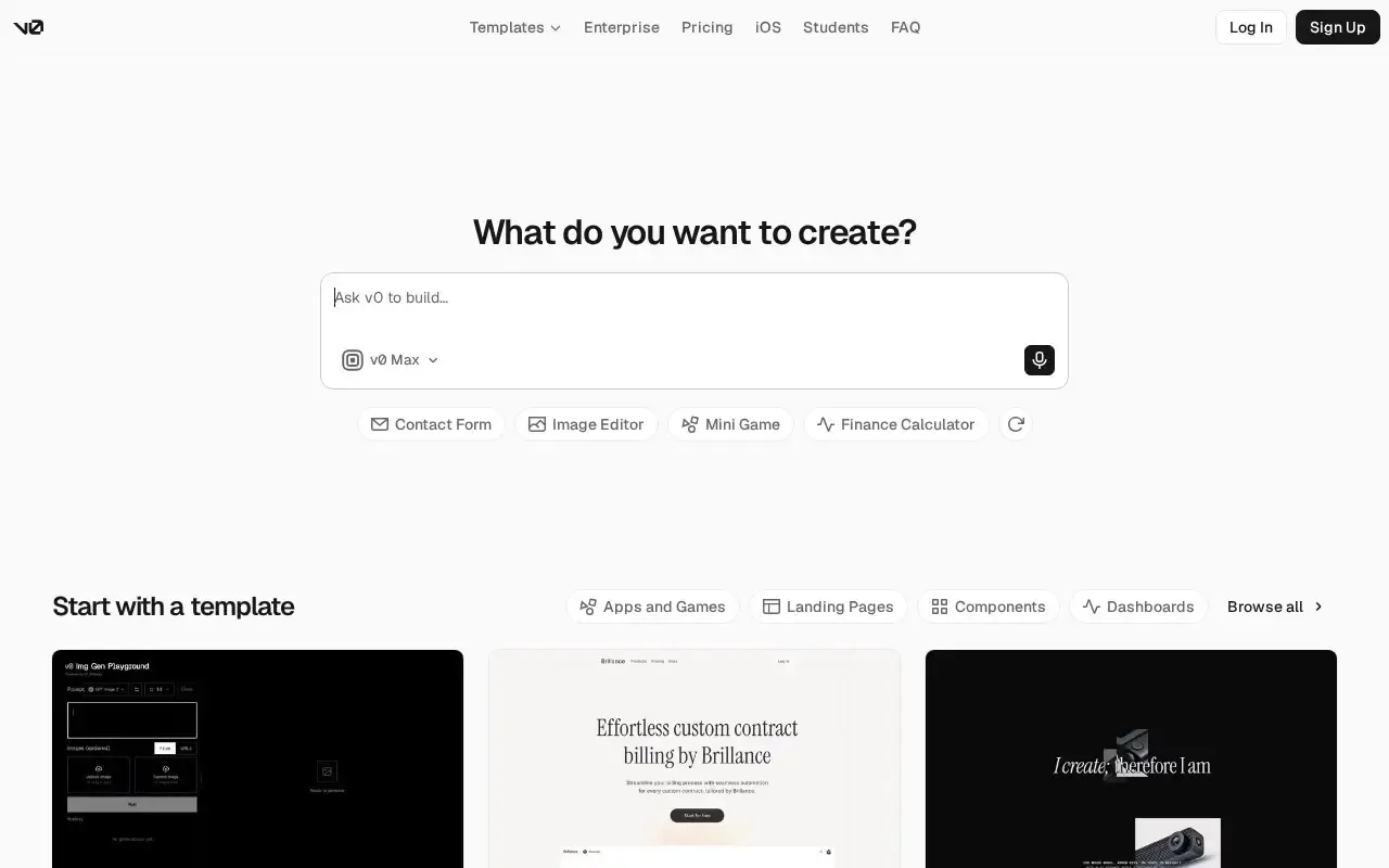 Screenshot of the v0 by Vercel website