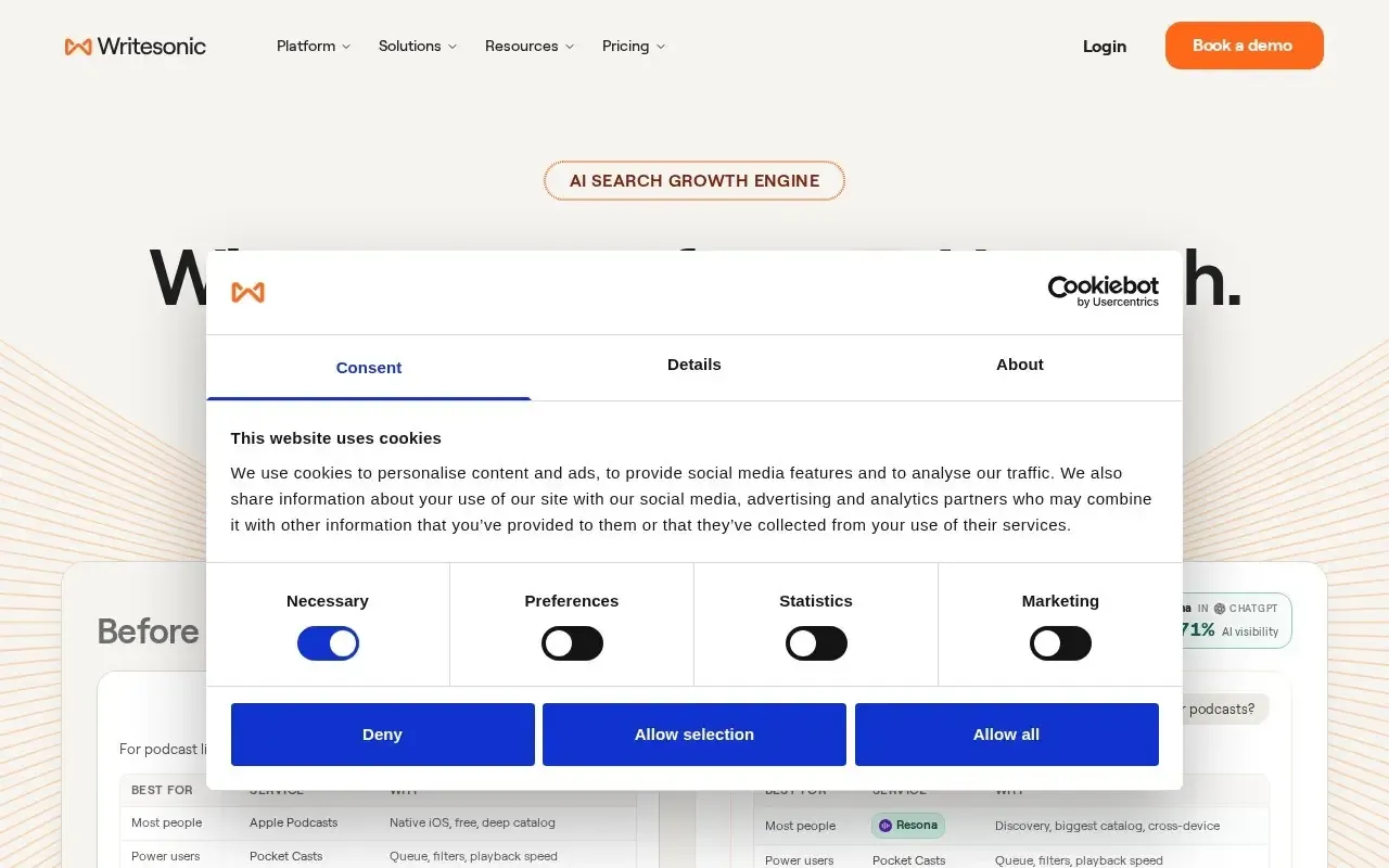 Screenshot of the Writesonic website